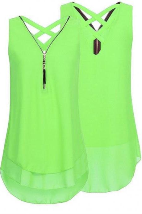 Plus Size Summer Tank Top Women Tunic Zipper V Neck Sleeveless Criss Cross Casual Vest Fluorescent green