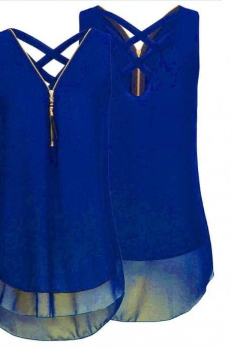 Plus Size Summer Tank Top Women Tunic Zipper V Neck Sleeveless Criss Cross Casual Vest royal blue