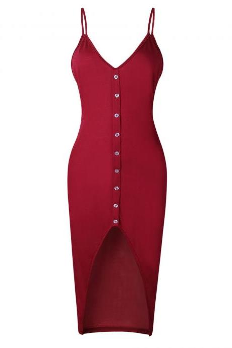 Crimson Spaghetti Strap Button Down V-Neck Bodycon Dress 