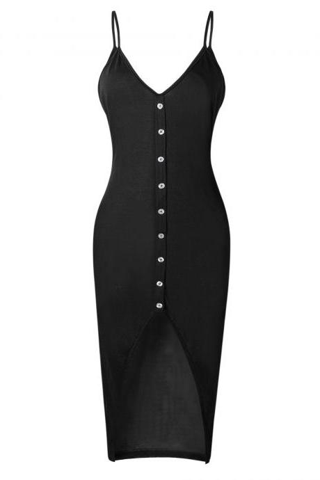 Women Bodycon Dress Front Split Casual Spaghetti Strap Sleeveless Button Skinny Fit Club Party Dress Black