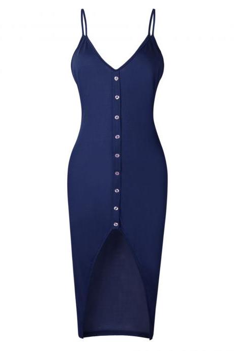 Women Bodycon Dress Front Split Casual Spaghetti Strap Sleeveless Button Skinny Fit Club Party Dress navy blue