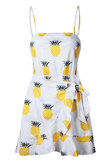 Sexy Summer Dress Ruffle Women Spahetti Strap Pineapple/Leaf/Polka Dot Printed Boho Beach Mini Sundress pineapple