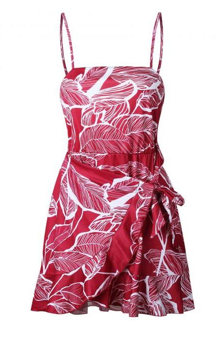 Sexy Summer Dress Ruffle Women Spahetti Strap Pineapple/leaf/polka Dot Printed Boho Beach Mini Sundress Red