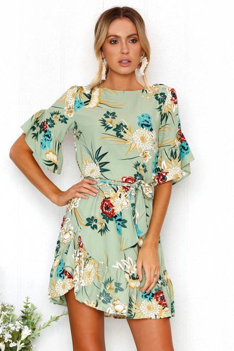 Bohemian Floral Printed Summer Dress Women O-Neck Short Sleeve Ruffle Mini Belted Beach Dress sage