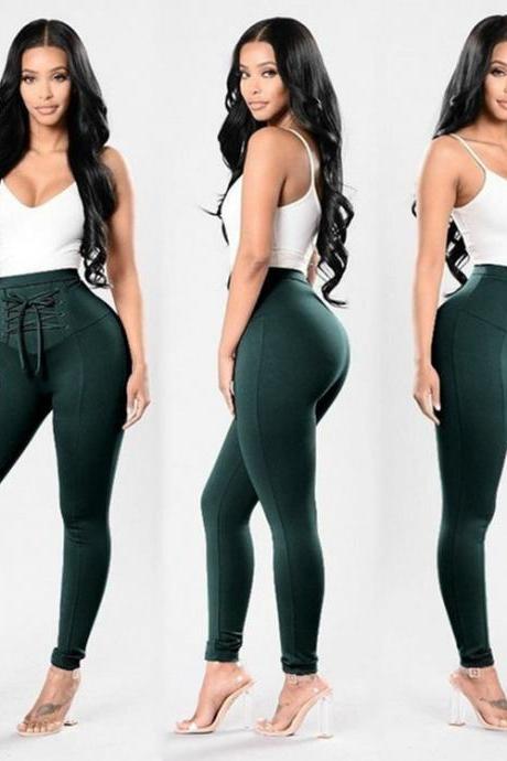 Women High Waist Skinny Legging Elastic Lace Up Fitness Sporting Bandage Pencil Pants Hunter Green