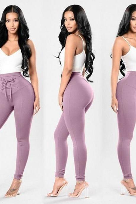 Women High Waist Skinny Legging Elastic Lace Up Fitness Sporting Bandage Pencil Pants Lilac