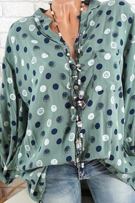 Women Polka Dot Print Blouse Long Sleeve V Neck Office Ol Lady Casual Tops Shirts Army Green