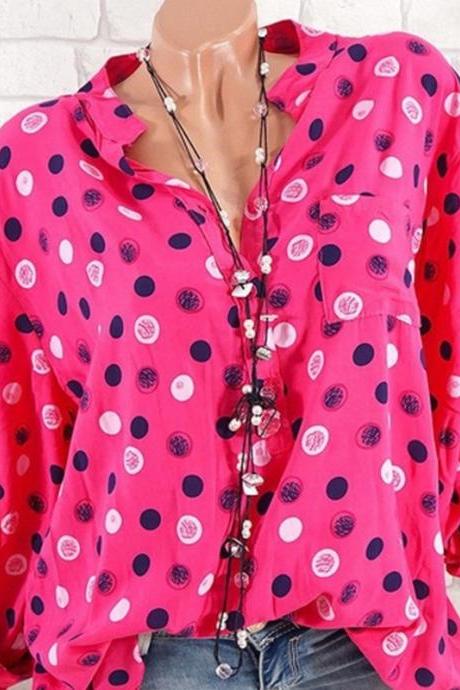 Women Polka Dot Print Blouse Long Sleeve V Neck Office Ol Lady Casual Tops Shirts Red