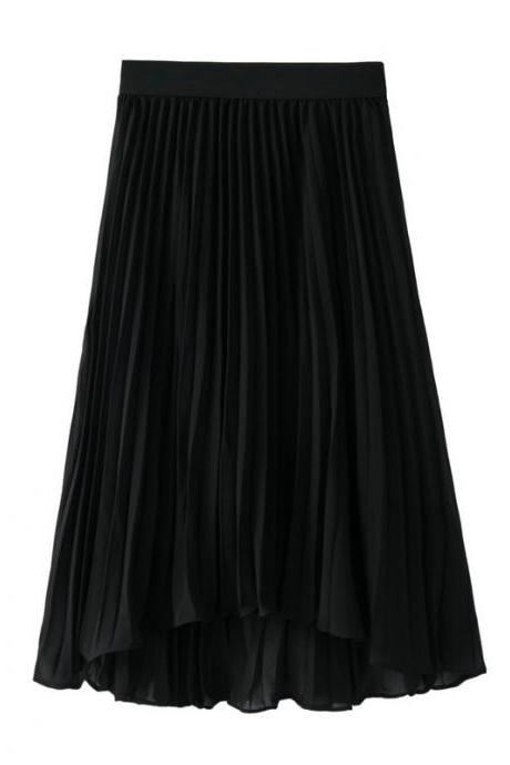 Bohemian Chiffon Skirt Women High Waist Solid Summer Beach Pleated Midi Asymmetrical Skirt black