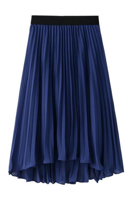 Bohemian Chiffon Skirt Women High Waist Solid Summer Beach Pleated Midi Asymmetrical Skirt dark blue