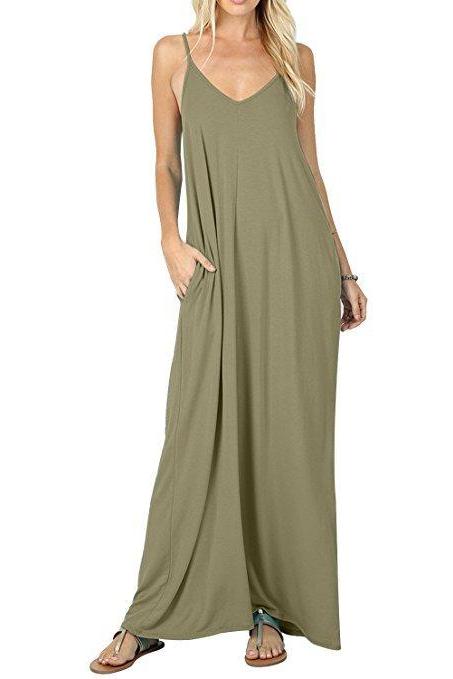 Women Maxi Dress Sexy V Neck Sleeveless Spaghetti Strap Pocket Solid Loose Casual Dress Long Summer Sundresses Army Green