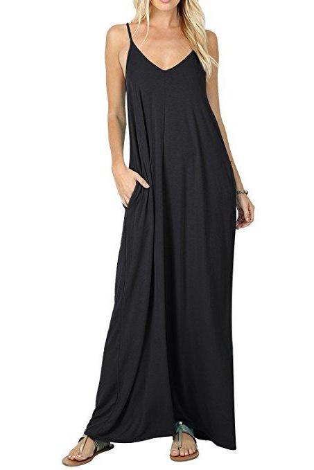 Women Maxi Dress Sexy V Neck Sleeveless Spaghetti Strap Pocket Solid Loose Casual Dress Long Summer Sundresses Black