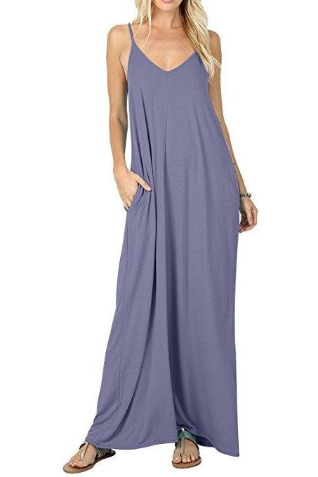 Women Maxi Dress Sexy V Neck Sleeveless Spaghetti Strap Pocket Solid Loose Casual Dress Long Summer Sundresses Blue-gray