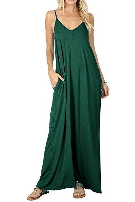 Women Maxi Dress Sexy V Neck Sleeveless Spaghetti Strap Pocket Solid Loose Casual Dress Long Summer Sundresses Hunter Green