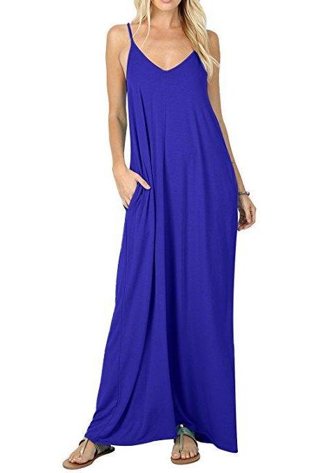 Women Maxi Dress Sexy V Neck Sleeveless Spaghetti Strap Pocket Solid Loose Casual Dress Long Summer Sundresses Royal Blue