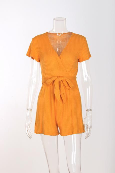Sexy Short Jumpsuit Women V Neck Short Sleeve Romper Casual Belted Beach Playsuit yellow
