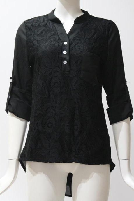 Women Tunic Chiffon Loose Blouse Floral Lace V Neck Long Sleeve Work OL Ladies Top Shirts black
