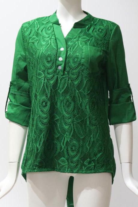 Women Tunic Chiffon Loose Blouse Floral Lace V Neck Long Sleeve Work OL Ladies Top Shirts green