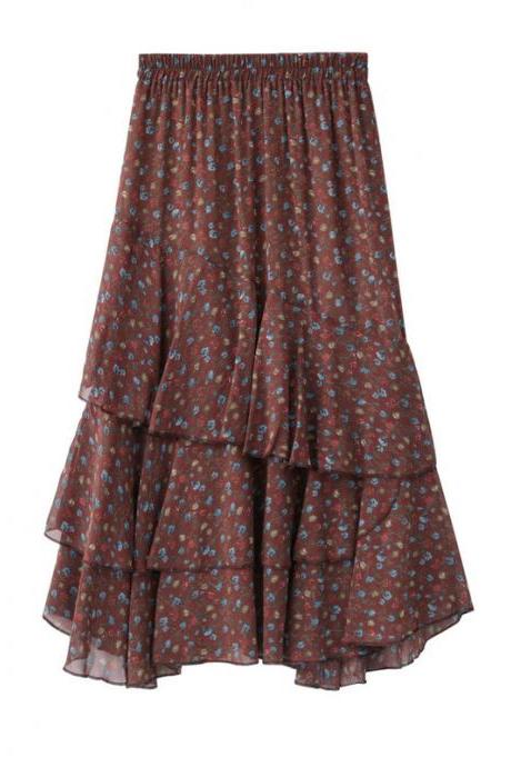 Women Asymmetrical Long Skirt Chiffon Summer High Waist Boho Floral Print Midi A Line Skirt Brick red floral