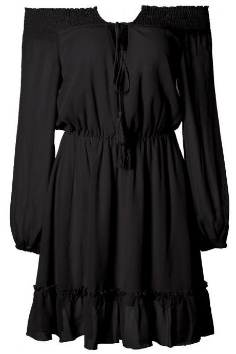 Black Off-the-shoulder Chiffon Summer Casual Short Dress With Long Sleeves