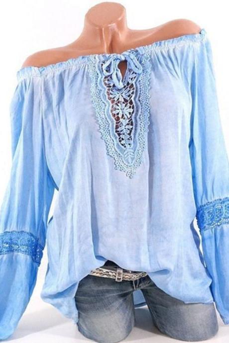 Women Casual Loose Blouse Hollow Lace Patchwork V Neck Long Sleeve Solid Shirt Plus Size Tops light blue