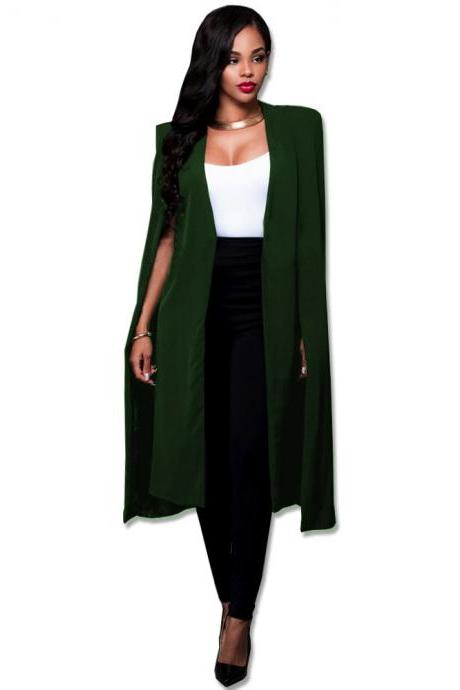Women Long Cloak Blazer Coat Cape Cardigan Jacket Slim Office Simple OL Suit Coat Outwear army green
