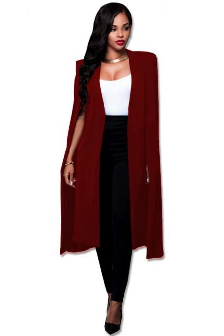  Women Long Cloak Blazer Coat Cape Cardigan Jacket Slim Office Simple OL Suit Coat Outwear burgundy