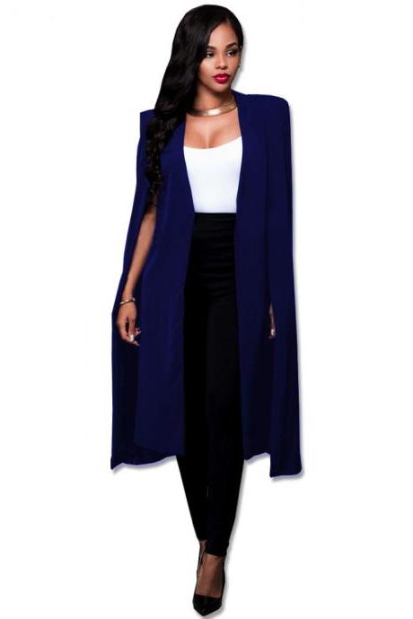  Women Long Cloak Blazer Coat Cape Cardigan Jacket Slim Office Simple OL Suit Coat Outwear royal blue 
