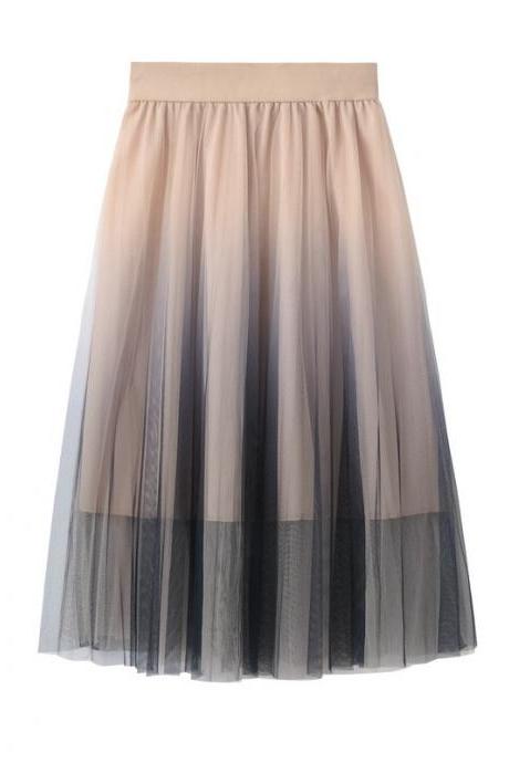 Sweet Gradient Color Tulle A-line Midi Skirt High Waist Below Knee Tutu Skater Skirt Apricot