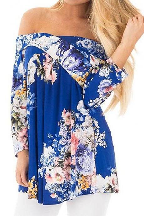 Women Floral Print Blouse Off Shoulder Tops 3/4 Sleeve Casual Plus Size T Shirt blue