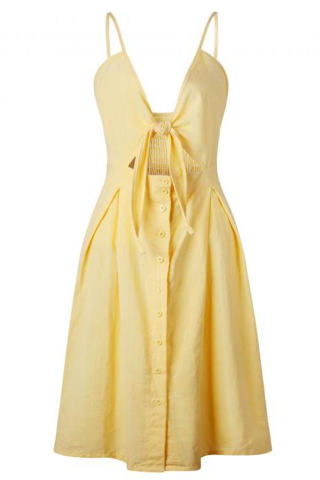 Sexy Bow Beach Summer Casual Dress Backless Button Spaghetti Strap V Neck Boho Midi Sundress 0723-yellow