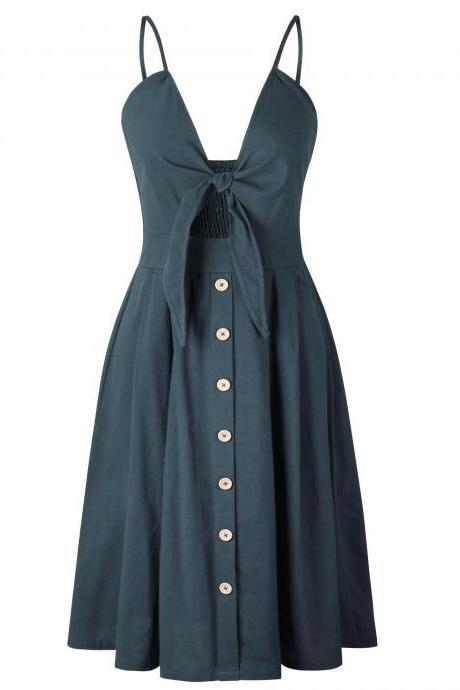 Sexy Bow Beach Summer Casual Dress Backless Button Spaghetti Strap V Neck Boho Midi Sundress 0849-cyan