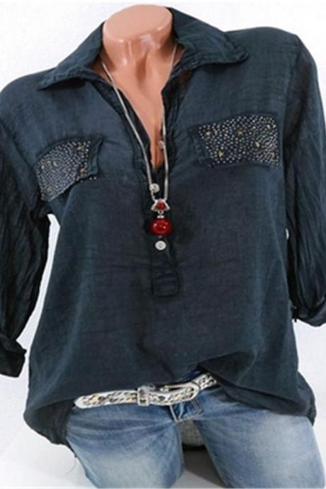 Fashion Long Sleeve Loose Blouse Women V Neck Office Ol Work Casual Shirt Tops Navy Blue