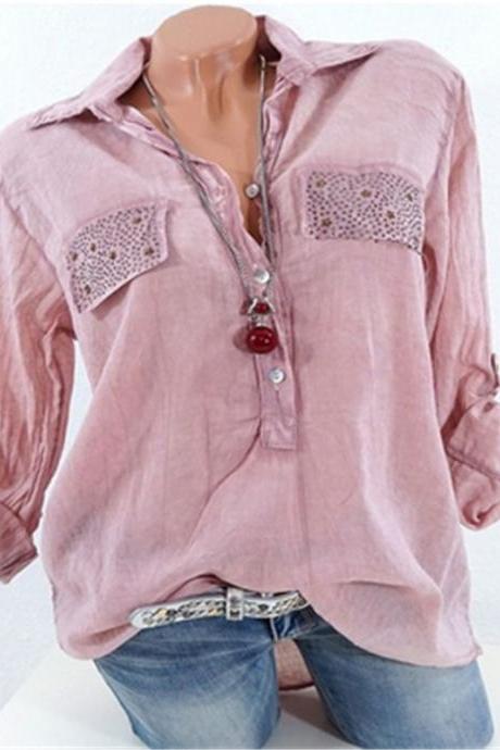 Fashion Long Sleeve Loose Blouse Women V Neck Office Ol Work Casual Shirt Tops Pink