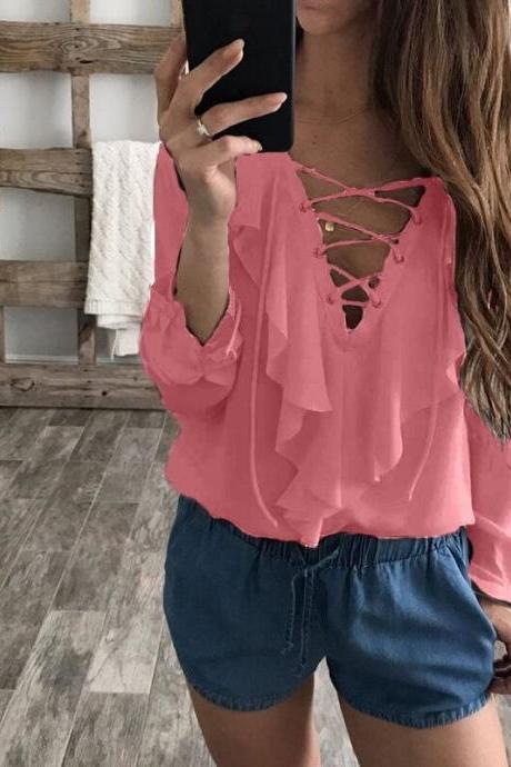 Women Chiffon Blouse Summer Lace Up V Neck Ruffles Long Sleeve Polka Dot Casual Plus Size Tops Shirt pink