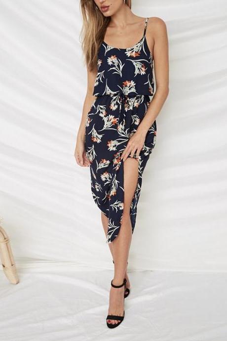 Women Summer Floral Print Dress Spaghetti Strap Split Sleeveless Boho Midi Casual Beach Dress 0866#-navy blue