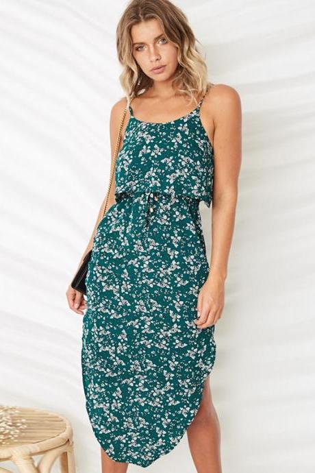 Women Summer Floral Print Dress Spaghetti Strap Split Sleeveless Boho Midi Casual Beach Dress 0867#-green