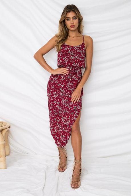 Women Summer Floral Print Dress Spaghetti Strap Split Sleeveless Boho Midi Casual Beach Dress 0867#-red