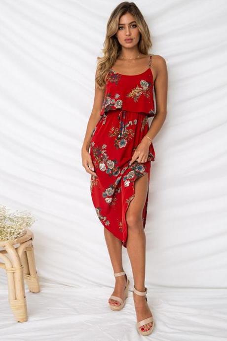 Women Summer Floral Print Dress Spaghetti Strap Split Sleeveless Boho Midi Casual Beach Dress 0869#-red