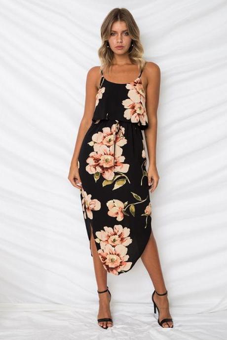 Women Summer Floral Print Dress Spaghetti Strap Split Sleeveless Boho Midi Casual Beach Dress 0870#-black