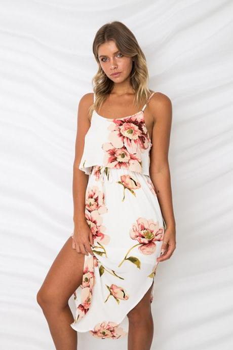Women Summer Floral Print Dress Spaghetti Strap Split Sleeveless Boho Midi Casual Beach Dress 0870#-off White