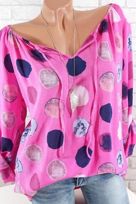 Women Big Polka Dot Blouse V Neck Long Sleeve Ol Work Office Loose Plus Size Top Shirts Hot Pink