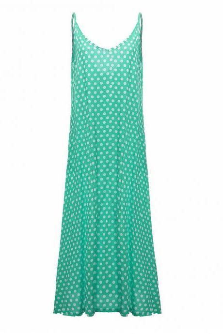 Women Summer Beach Maxi Dress Plus Size Spaghetti Strap Sleeveless Polka Dot Loose Long Sundress green