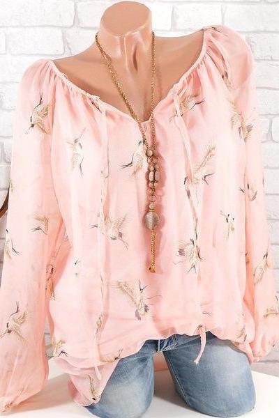 Women Floral Shirt Summer Off Shoulder V Neck Long Sleeve Casual Loose Tops Blouses pink
