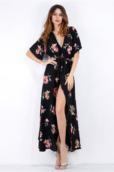  Women Summer Floral Printed Maxi Dress Boho Short Sleeve V-Neck Split Belted Beach Long Dress3#