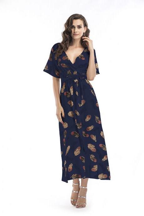  Women Summer Floral Printed Maxi Dress Boho Short Sleeve V-Neck Split Belted Beach Long Dress7#