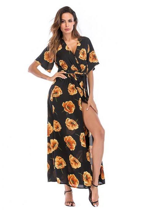  Women Summer Floral Printed Maxi Dress Boho Short Sleeve V-Neck Split Belted Beach Long Dress14#
