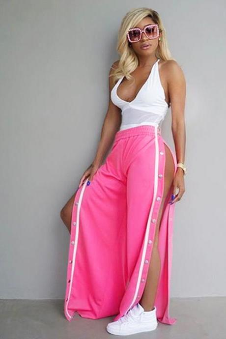 Women Wide Leg Button Track Pants Striped Patchwork Rivet Side Slit High Waist Summer Casual Long Trousers deep pink