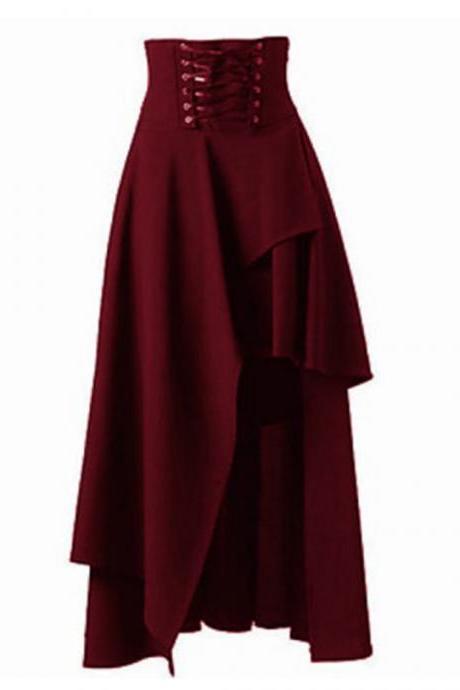 Gothic Steampunk Skirt Lolita Lace-Up High Waist Asymmetric Hem Bandage Long Maxi Skirts burgund