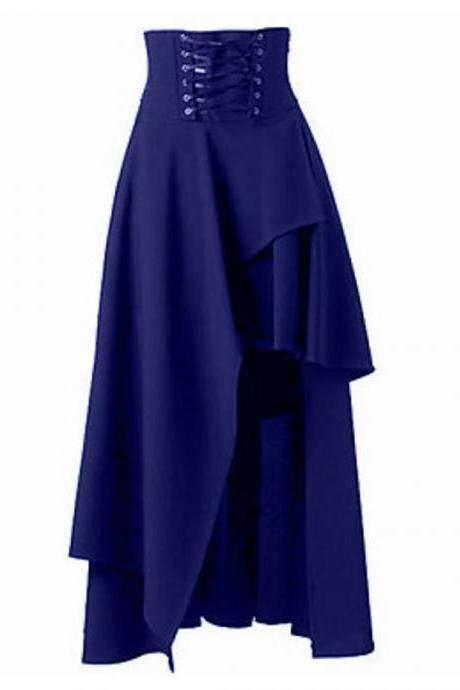 Gothic Steampunk Skirt Lolita Lace-up High Waist Asymmetric Hem Bandage Long Maxi Skirts Royal Blue